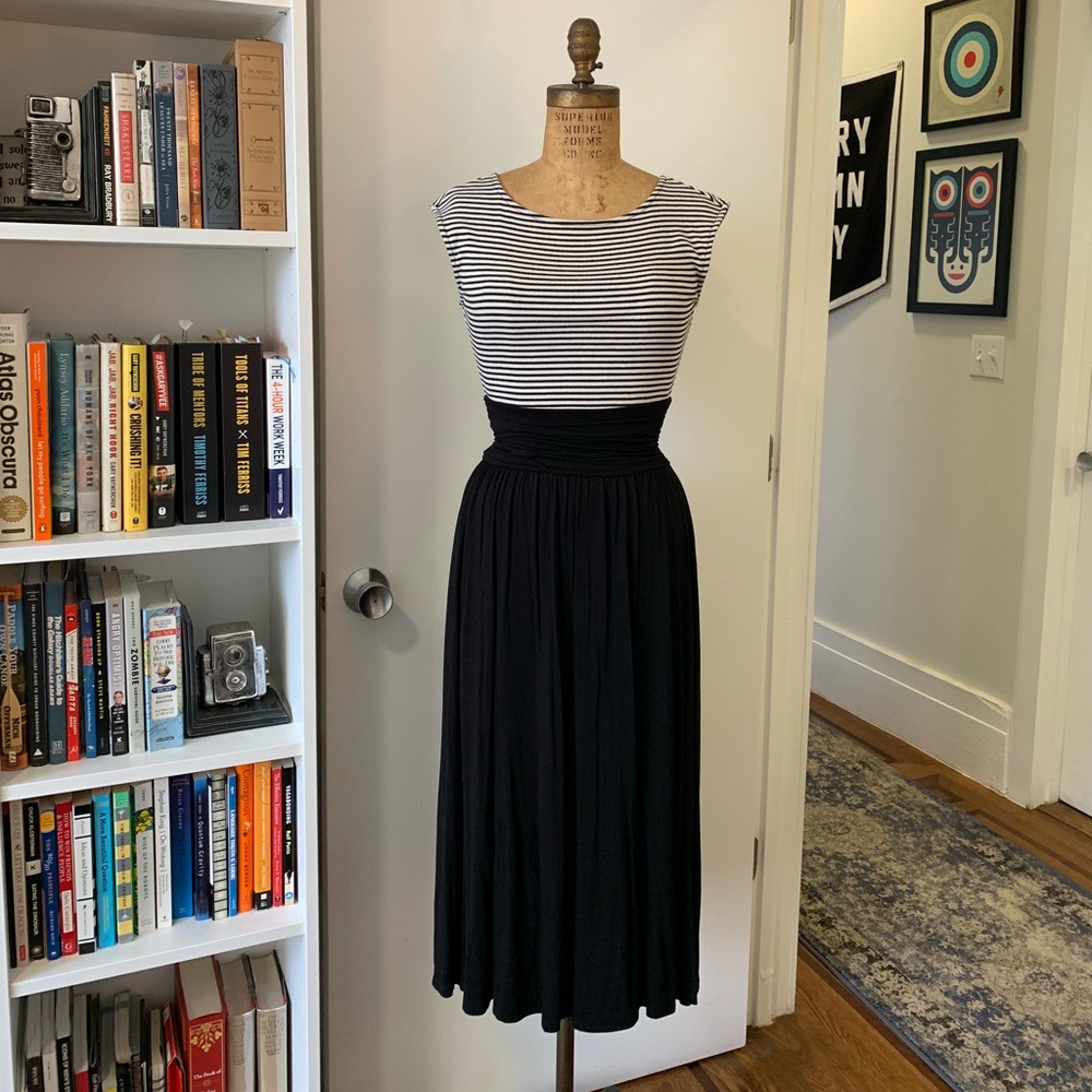 Cap Sleeve Rib/Jersey Midi Dress w/ Gathered Waist